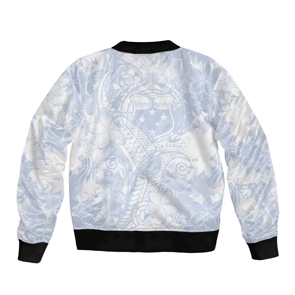 Samoa White Sunday Sleeve Zip Bomber Jacket Plumeria Floral