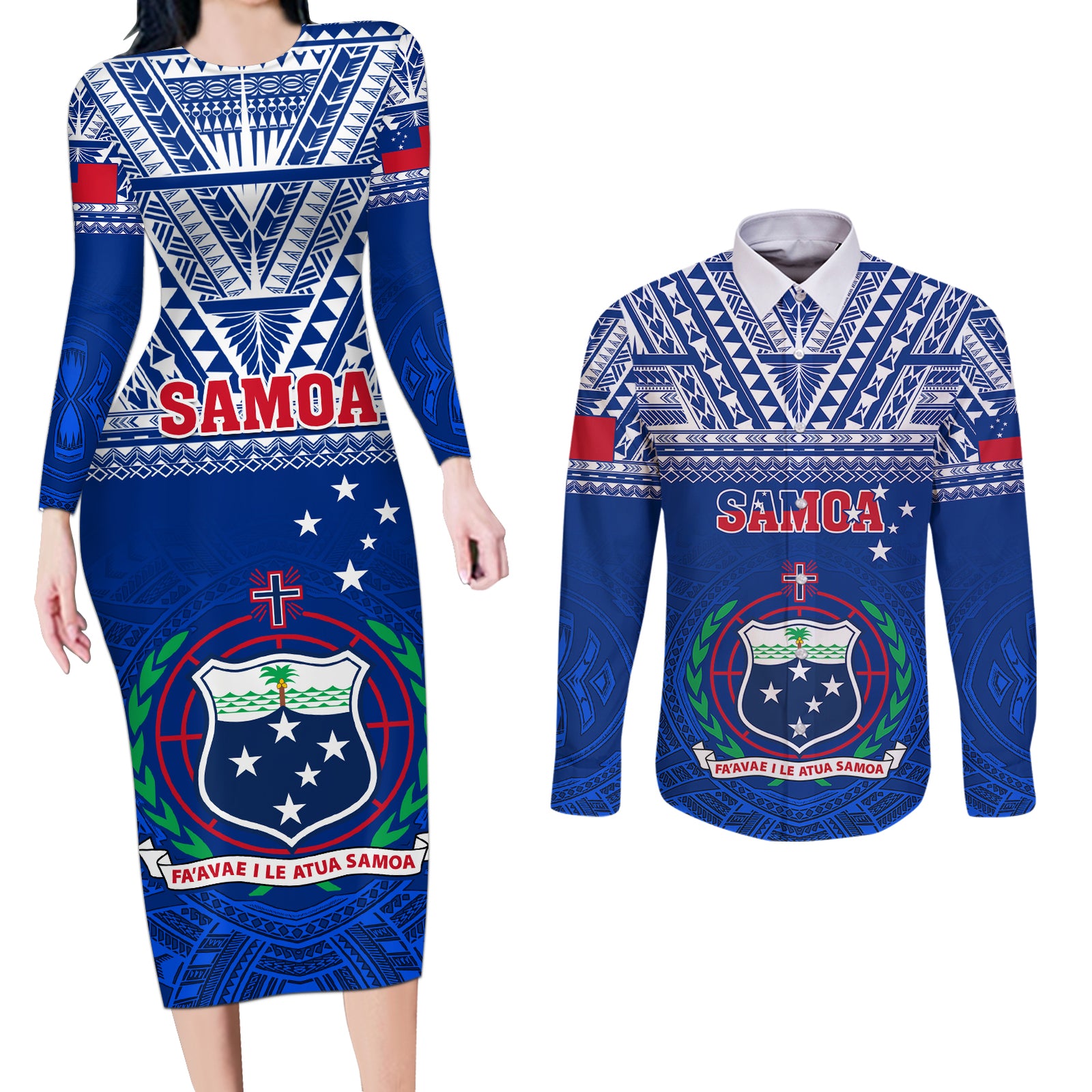 Samoa Rugby Couples Matching Long Sleeve Bodycon Dress and Long Sleeve Button Shirts Manu Samoa Polynesian Tatoo Pattern LT01 Blue - Polynesian Pride