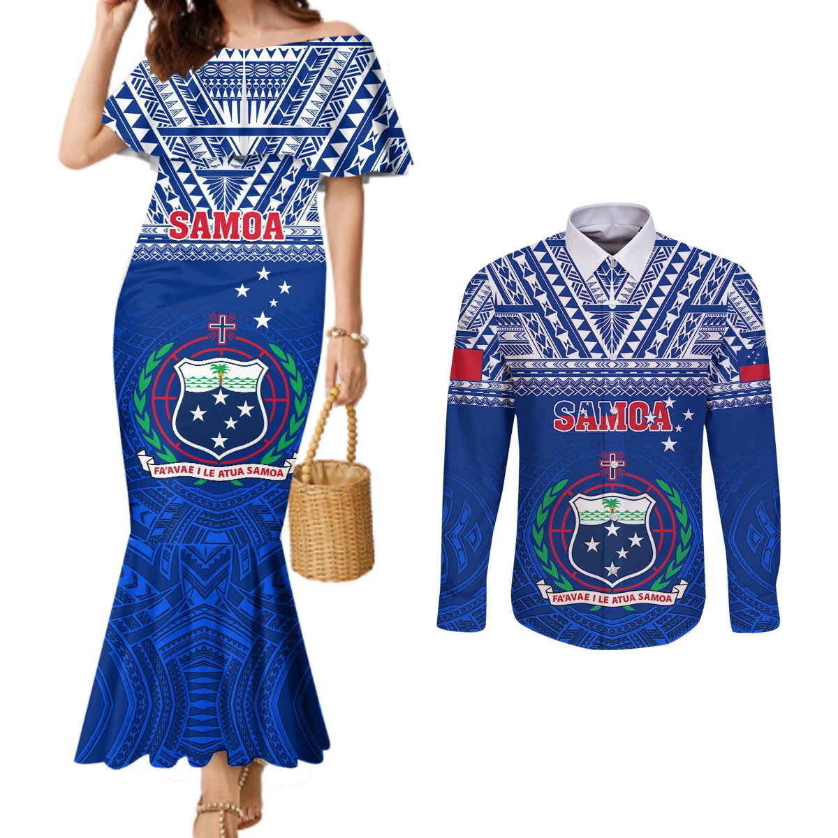 Samoa Rugby Couples Matching Mermaid Dress and Long Sleeve Button Shirts Manu Samoa Polynesian Tatoo Pattern LT01 Blue - Polynesian Pride