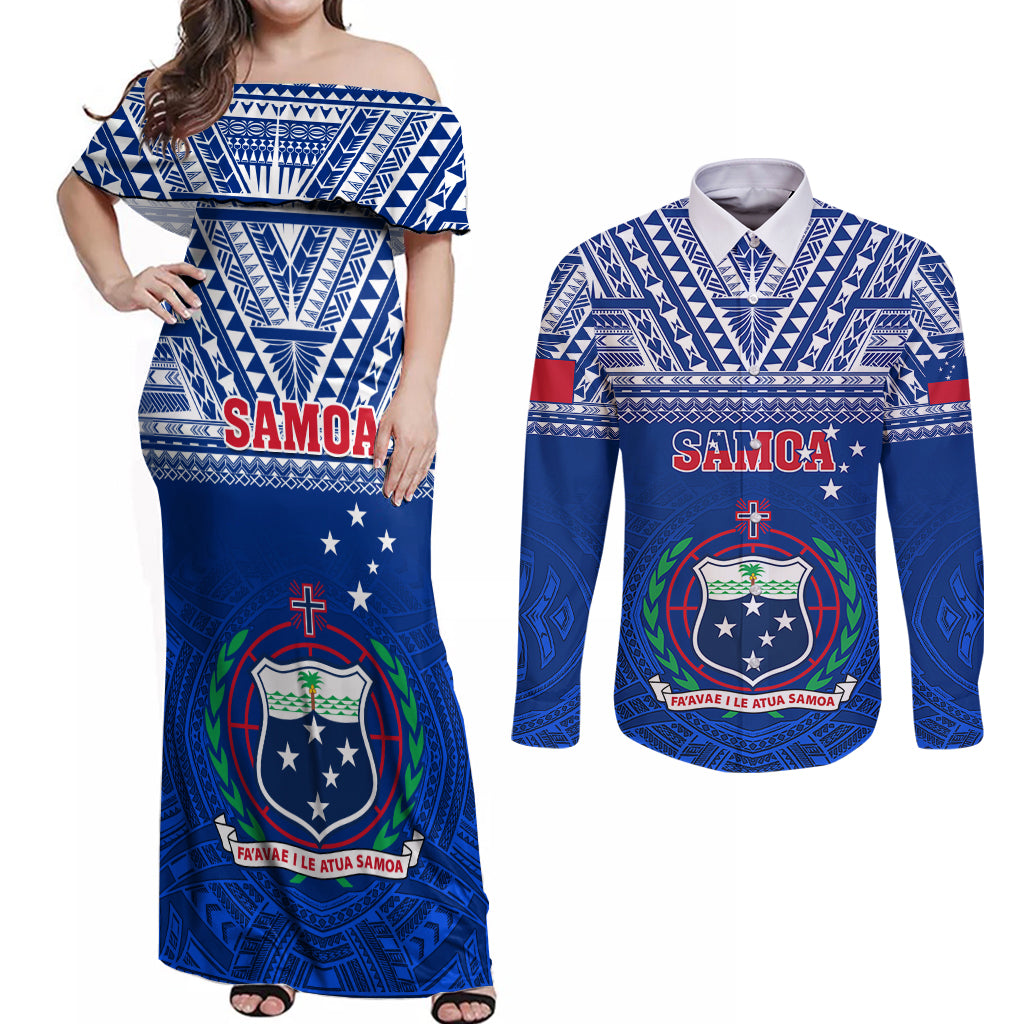 Samoa Rugby Couples Matching Off Shoulder Maxi Dress and Long Sleeve Button Shirts Manu Samoa Polynesian Tatoo Pattern LT01 Blue - Polynesian Pride