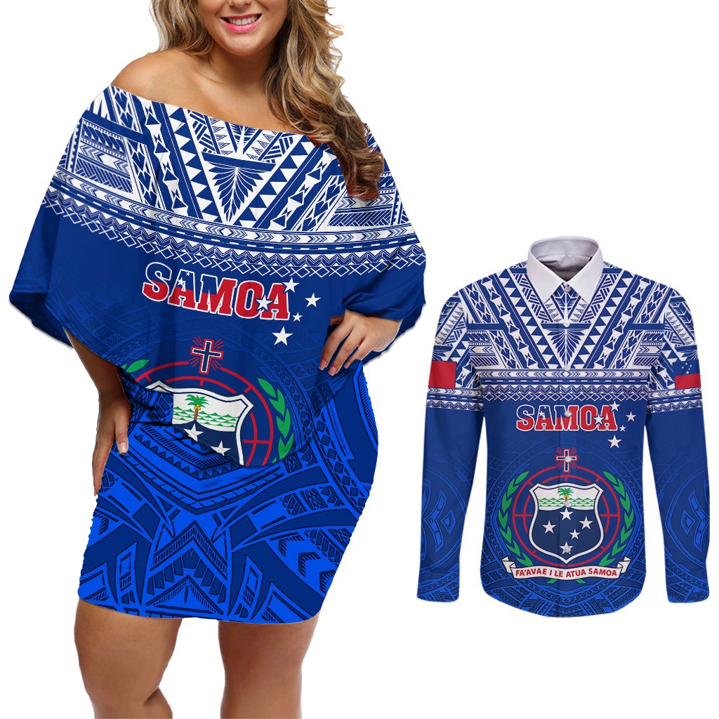 Samoa Rugby Couples Matching Off Shoulder Short Dress and Long Sleeve Button Shirts Manu Samoa Polynesian Tatoo Pattern LT01 Blue - Polynesian Pride