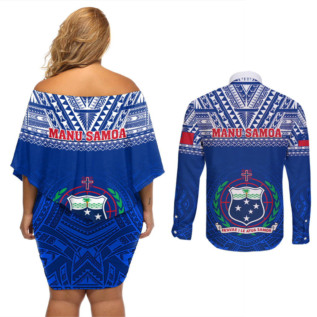 samoa-rugby-couples-matching-off-shoulder-short-dress-and-long-sleeve-button-shirts-manu-samoa-polynesian-tatoo-pattern