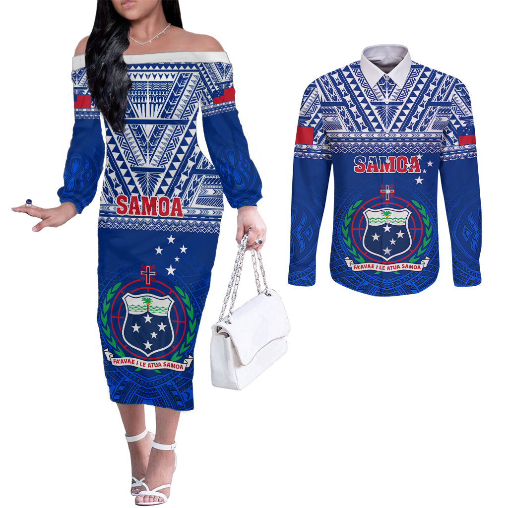 Samoa Rugby Couples Matching Off The Shoulder Long Sleeve Dress and Long Sleeve Button Shirts Manu Samoa Polynesian Tatoo Pattern LT01 Blue - Polynesian Pride