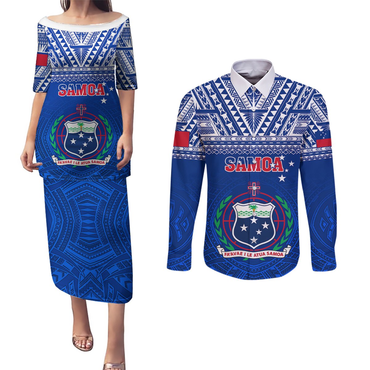 Samoa Rugby Couples Matching Puletasi Dress and Long Sleeve Button Shirts Manu Samoa Polynesian Tatoo Pattern LT01 Blue - Polynesian Pride