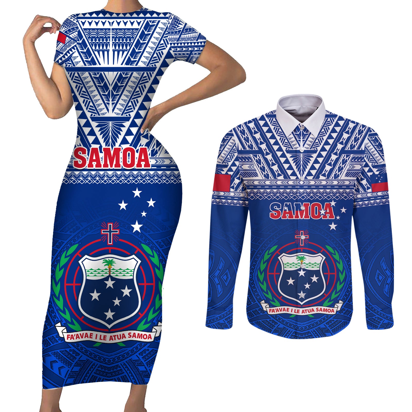 Samoa Rugby Couples Matching Short Sleeve Bodycon Dress and Long Sleeve Button Shirts Manu Samoa Polynesian Tatoo Pattern LT01 Blue - Polynesian Pride