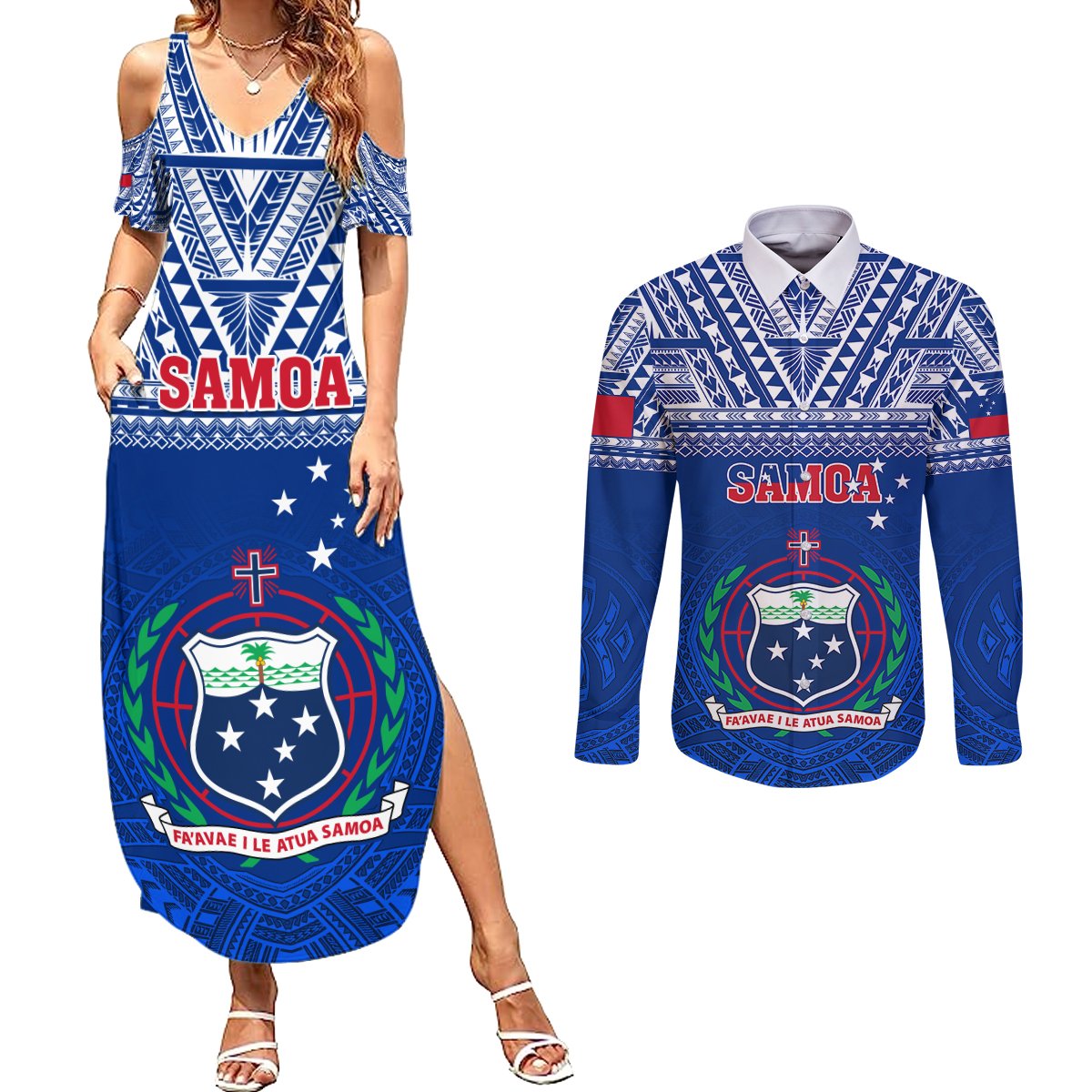 Samoa Rugby Couples Matching Summer Maxi Dress and Long Sleeve Button Shirts Manu Samoa Polynesian Tatoo Pattern LT01 Blue - Polynesian Pride