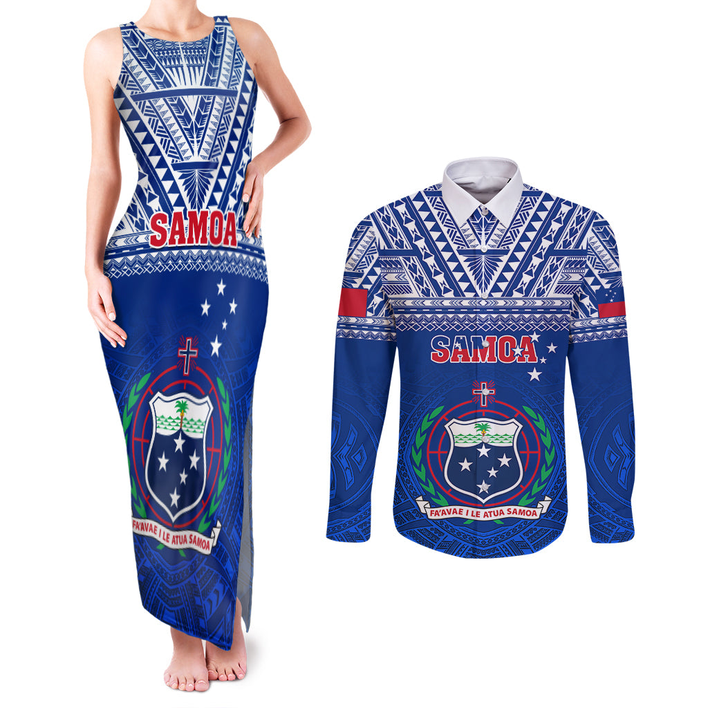 Samoa Rugby Couples Matching Tank Maxi Dress and Long Sleeve Button Shirts Manu Samoa Polynesian Tatoo Pattern LT01 Blue - Polynesian Pride