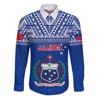 Custom Samoa Rugby Family Matching Puletasi Dress and Hawaiian Shirt Manu Samoa Polynesian Tatoo Pattern LT01 Dad's Shirt - Long Sleeve Blue - Polynesian Pride