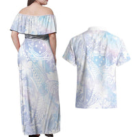 Samoa White Sunday Couples Matching Off Shoulder Maxi Dress and Hawaiian Shirt Sweet Pastel Plumeria Floral