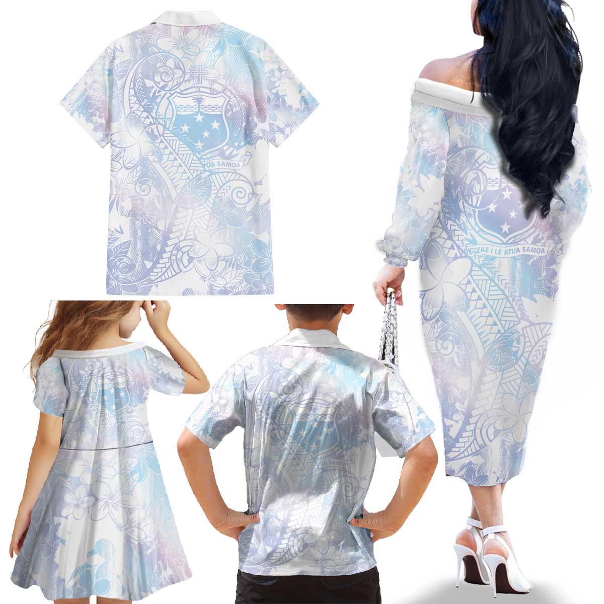 Samoa White Sunday Family Matching Off The Shoulder Long Sleeve Dress and Hawaiian Shirt Sweet Pastel Plumeria Floral
