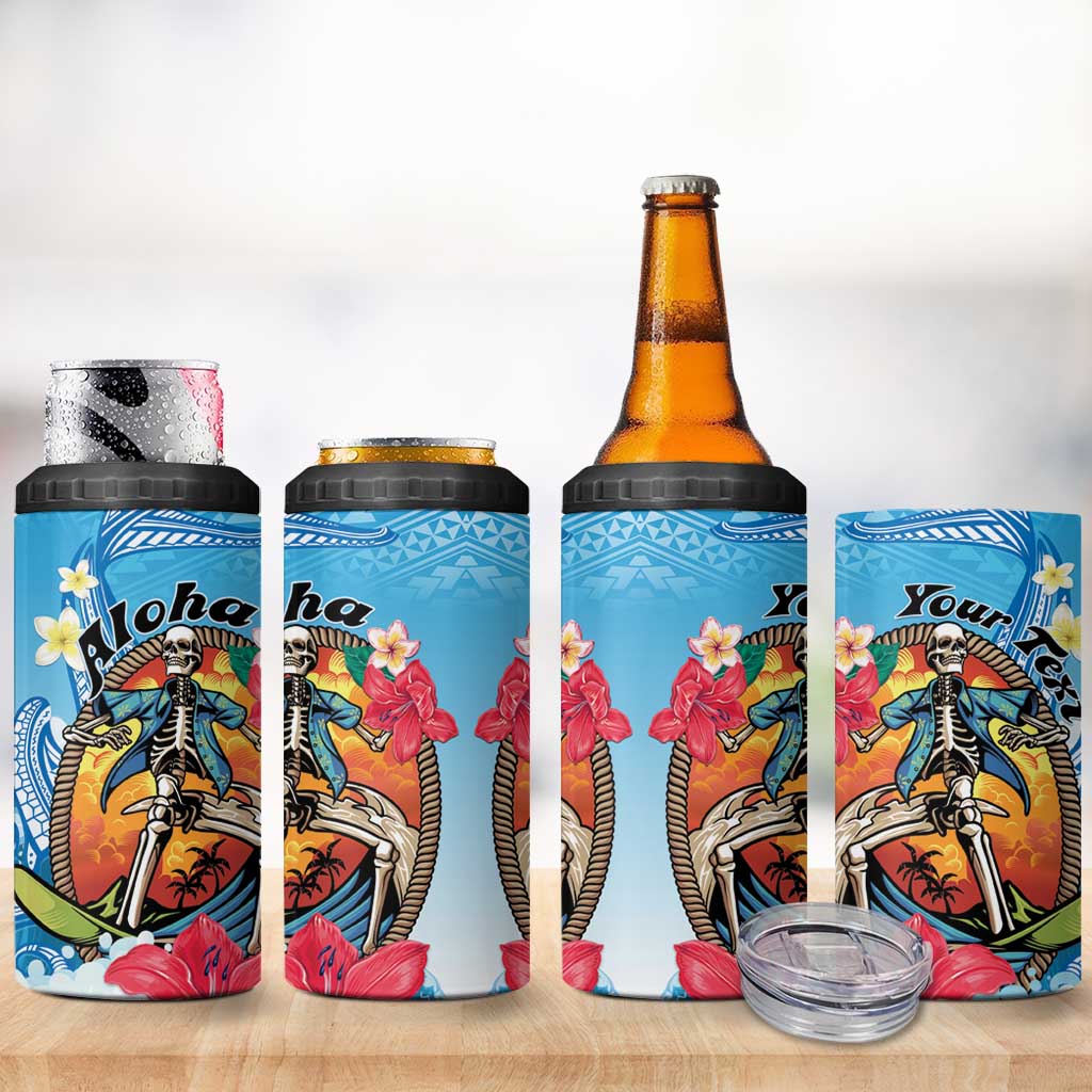 Personalized Aloha Hawaii Skeleton Surfing 4 in 1 Can Cooler Tumbler Tribal Shark Plumeria