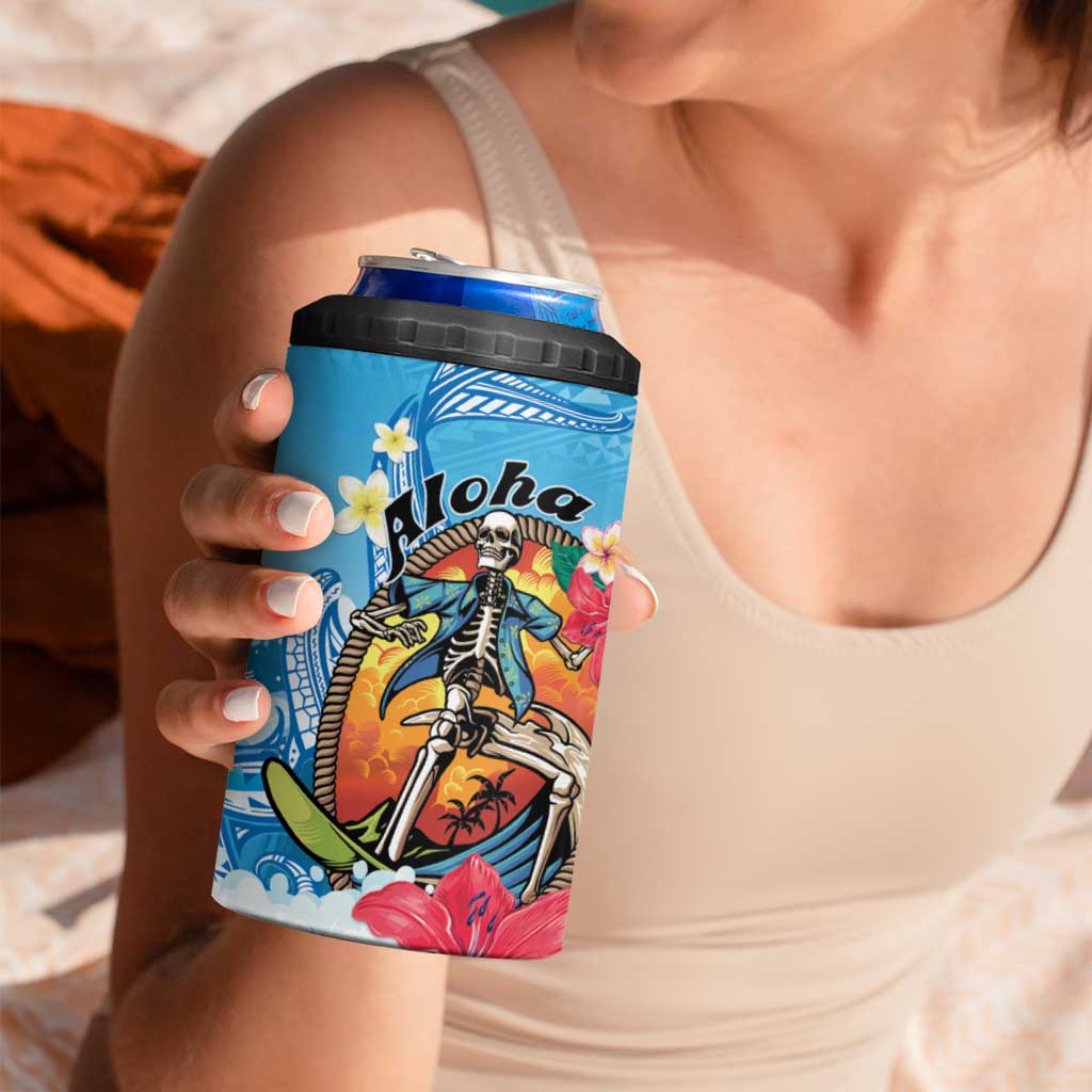 Personalized Aloha Hawaii Skeleton Surfing 4 in 1 Can Cooler Tumbler Tribal Shark Plumeria