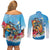 Personalized Aloha Hawaii Skeleton Surfing Couples Matching Off Shoulder Short Dress and Long Sleeve Button Shirt Tribal Shark Plumeria