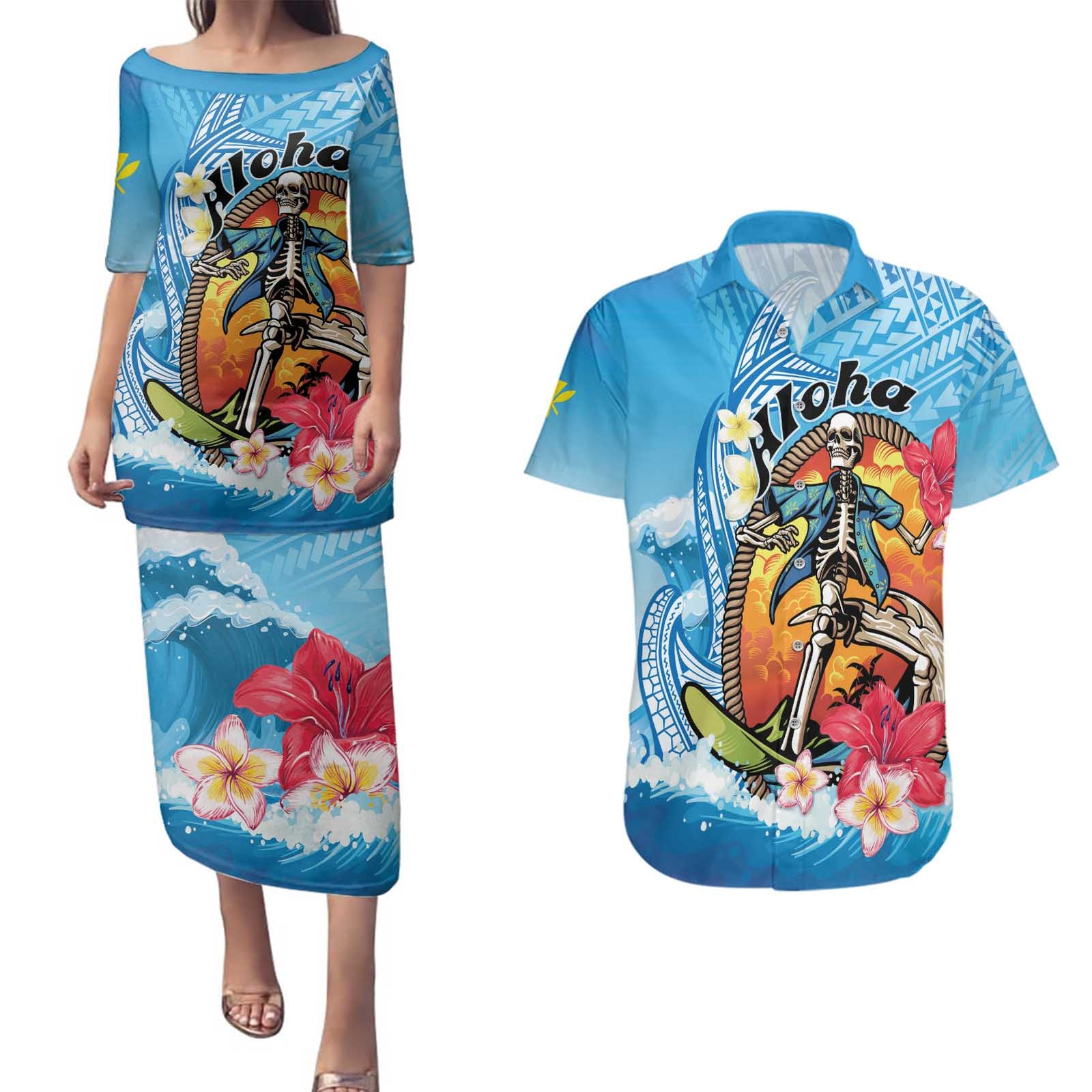 Personalized Aloha Hawaii Skeleton Surfing Couples Matching Puletasi and Hawaiian Shirt Tribal Shark Plumeria