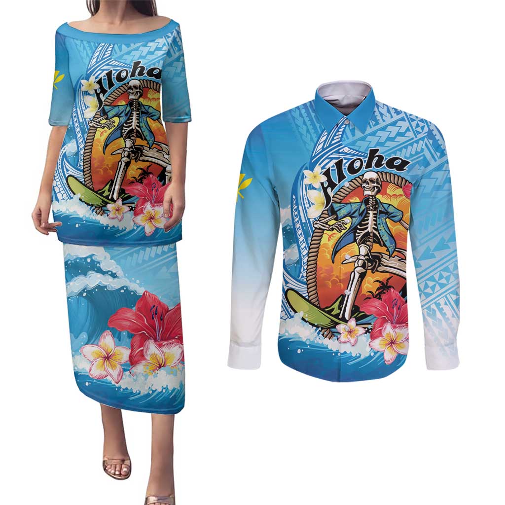Personalized Aloha Hawaii Skeleton Surfing Couples Matching Puletasi and Long Sleeve Button Shirt Tribal Shark Plumeria