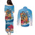 Personalized Aloha Hawaii Skeleton Surfing Couples Matching Puletasi and Long Sleeve Button Shirt Tribal Shark Plumeria