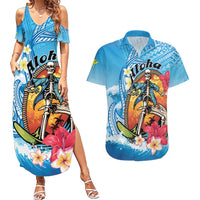 Personalized Aloha Hawaii Skeleton Surfing Couples Matching Summer Maxi Dress and Hawaiian Shirt Tribal Shark Plumeria LT01 Blue - Polynesian Pride