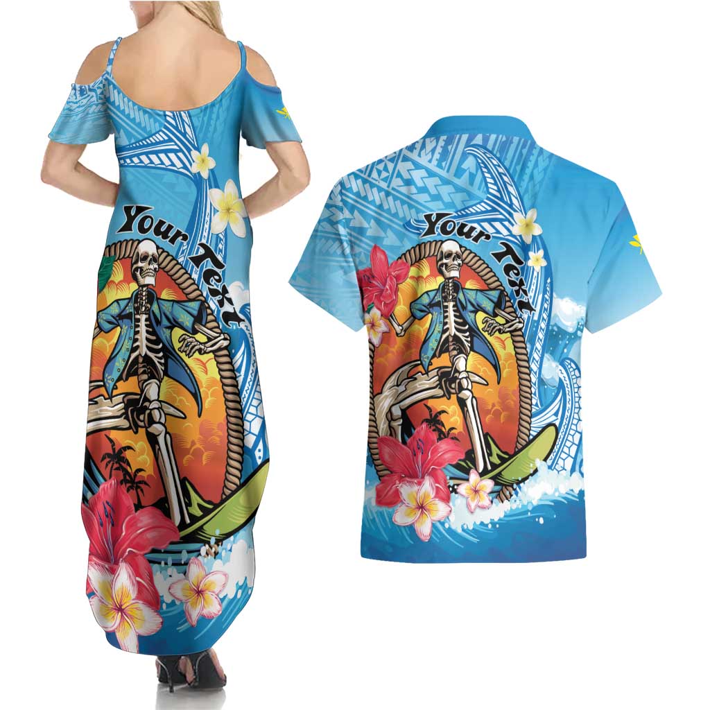Personalized Aloha Hawaii Skeleton Surfing Couples Matching Summer Maxi Dress and Hawaiian Shirt Tribal Shark Plumeria LT01 - Polynesian Pride