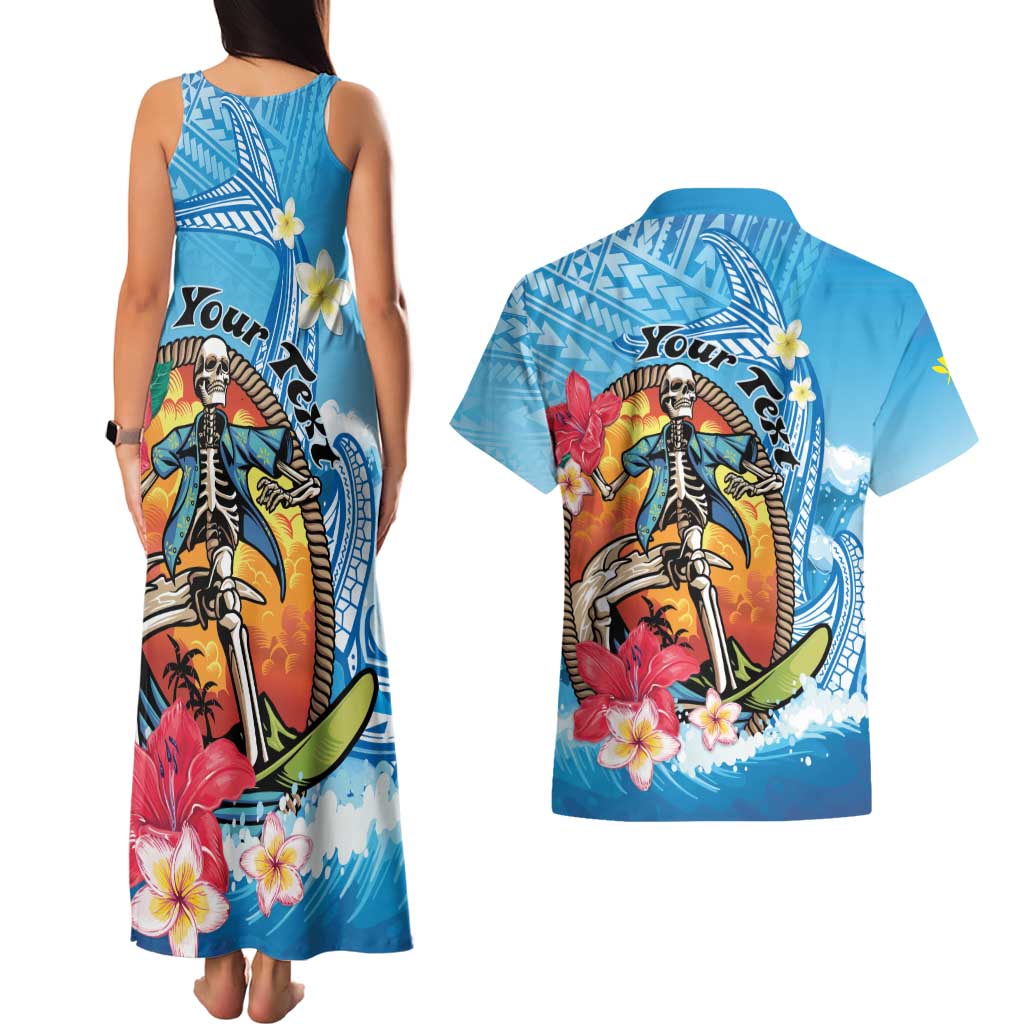 Personalized Aloha Hawaii Skeleton Surfing Couples Matching Tank Maxi Dress and Hawaiian Shirt Tribal Shark Plumeria LT01 - Polynesian Pride