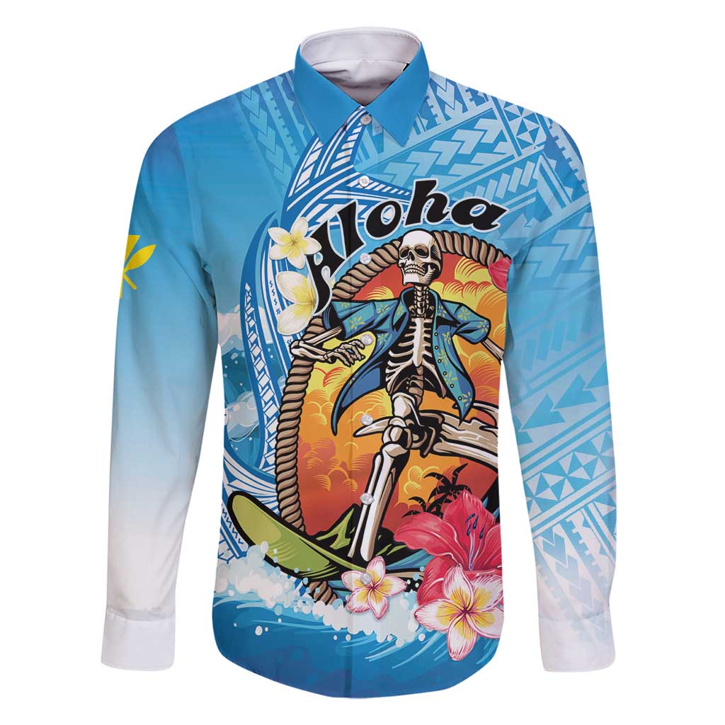 Personalized Aloha Hawaii Skeleton Surfing Family Matching Mermaid Dress and Hawaiian Shirt Tribal Shark Plumeria LT01 Dad's Shirt - Long Sleeve Blue - Polynesian Pride