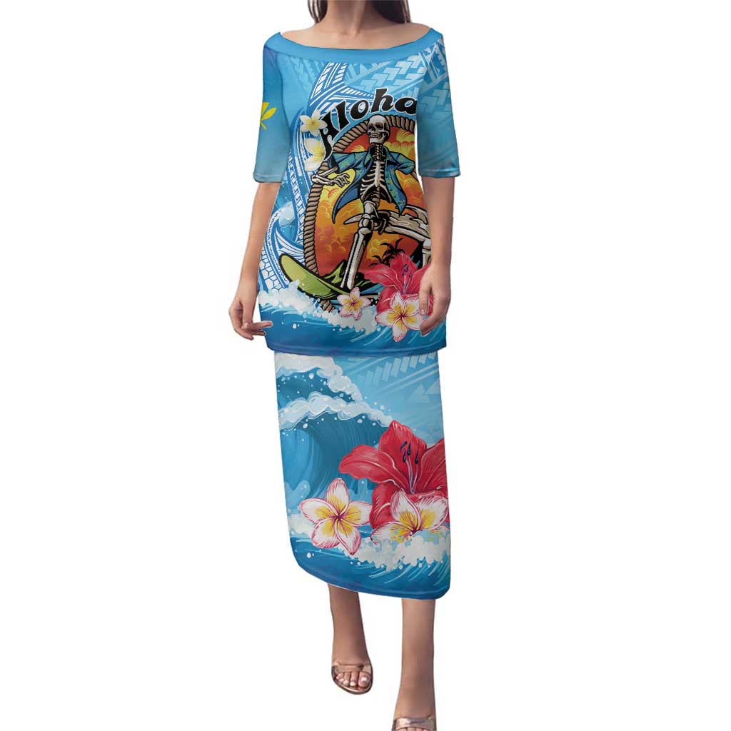 Personalized Aloha Hawaii Skeleton Surfing Family Matching Puletasi and Hawaiian Shirt Tribal Shark Plumeria