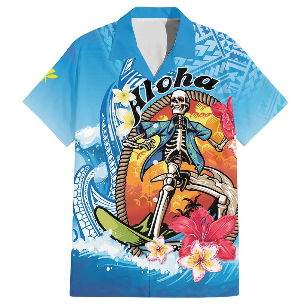 Personalized Aloha Hawaii Skeleton Surfing Family Matching Short Sleeve Bodycon Dress and Hawaiian Shirt Tribal Shark Plumeria