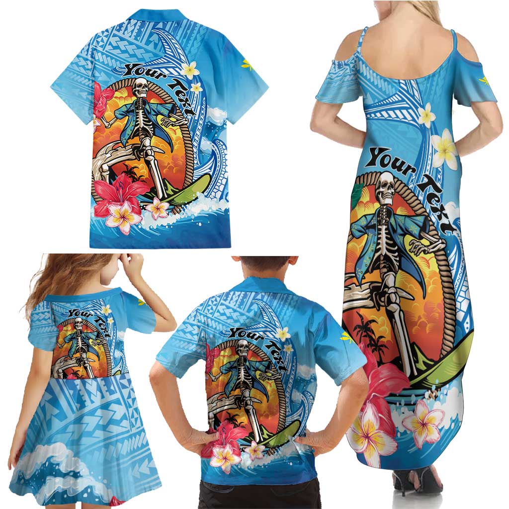 Personalized Aloha Hawaii Skeleton Surfing Family Matching Summer Maxi Dress and Hawaiian Shirt Tribal Shark Plumeria