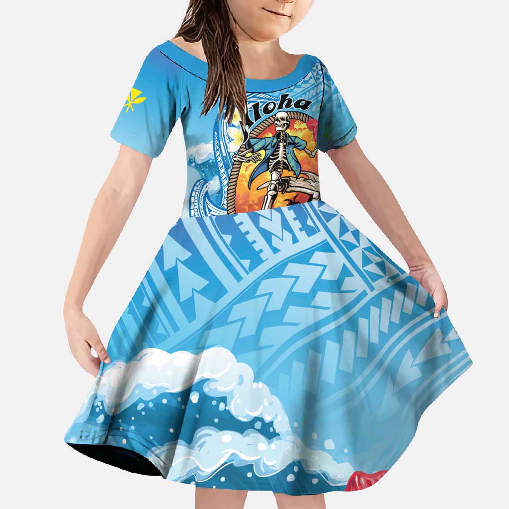 Personalized Aloha Hawaii Skeleton Surfing Family Matching Tank Maxi Dress and Hawaiian Shirt Tribal Shark Plumeria LT01 Daughter's Dress Blue - Polynesian Pride