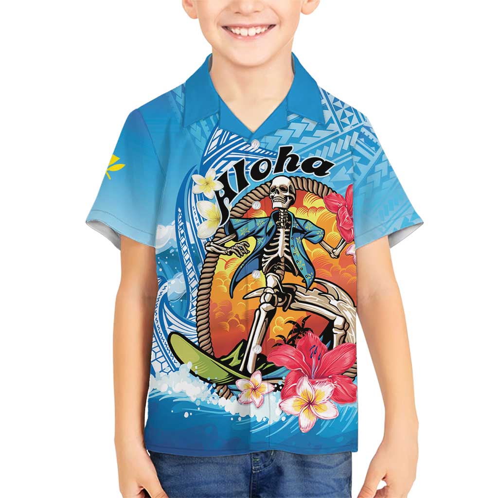 Personalized Aloha Hawaii Skeleton Surfing Family Matching Tank Maxi Dress and Hawaiian Shirt Tribal Shark Plumeria LT01 Son's Shirt Blue - Polynesian Pride