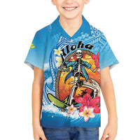 Personalized Aloha Hawaii Skeleton Surfing Family Matching Tank Maxi Dress and Hawaiian Shirt Tribal Shark Plumeria LT01 Son's Shirt Blue - Polynesian Pride