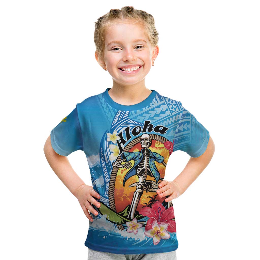 Personalized Aloha Hawaii Skeleton Surfing Kid T Shirt Tribal Shark Plumeria