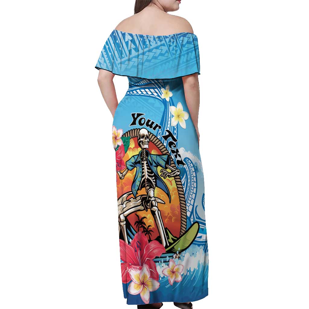 Personalized Aloha Hawaii Skeleton Surfing Off Shoulder Maxi Dress Tribal Shark Plumeria