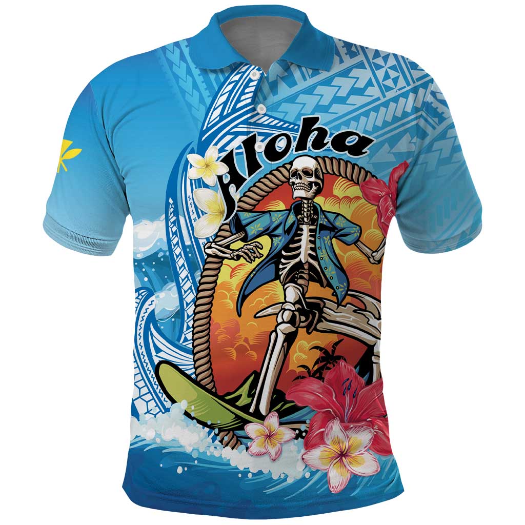 Personalized Aloha Hawaii Skeleton Surfing Polo Shirt Tribal Shark Plumeria
