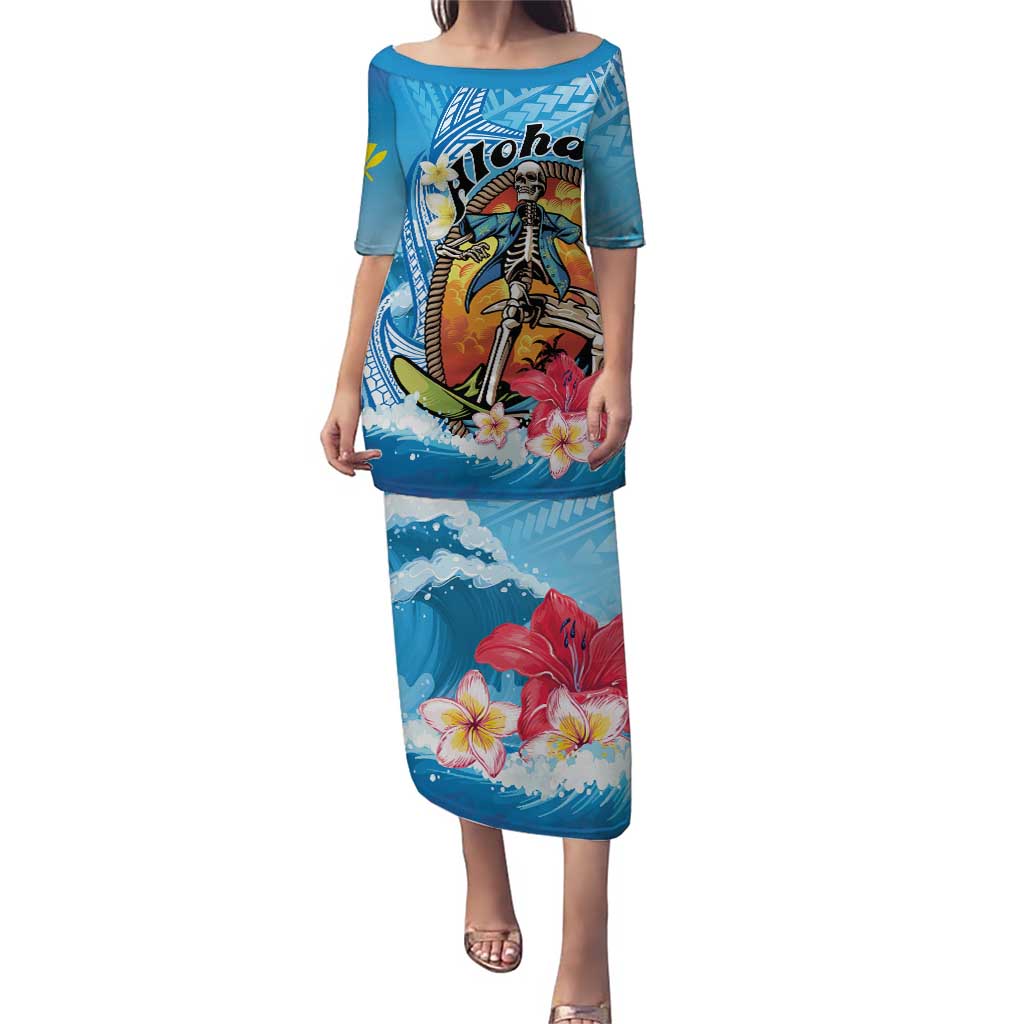 Personalized Aloha Hawaii Skeleton Surfing Puletasi Tribal Shark Plumeria