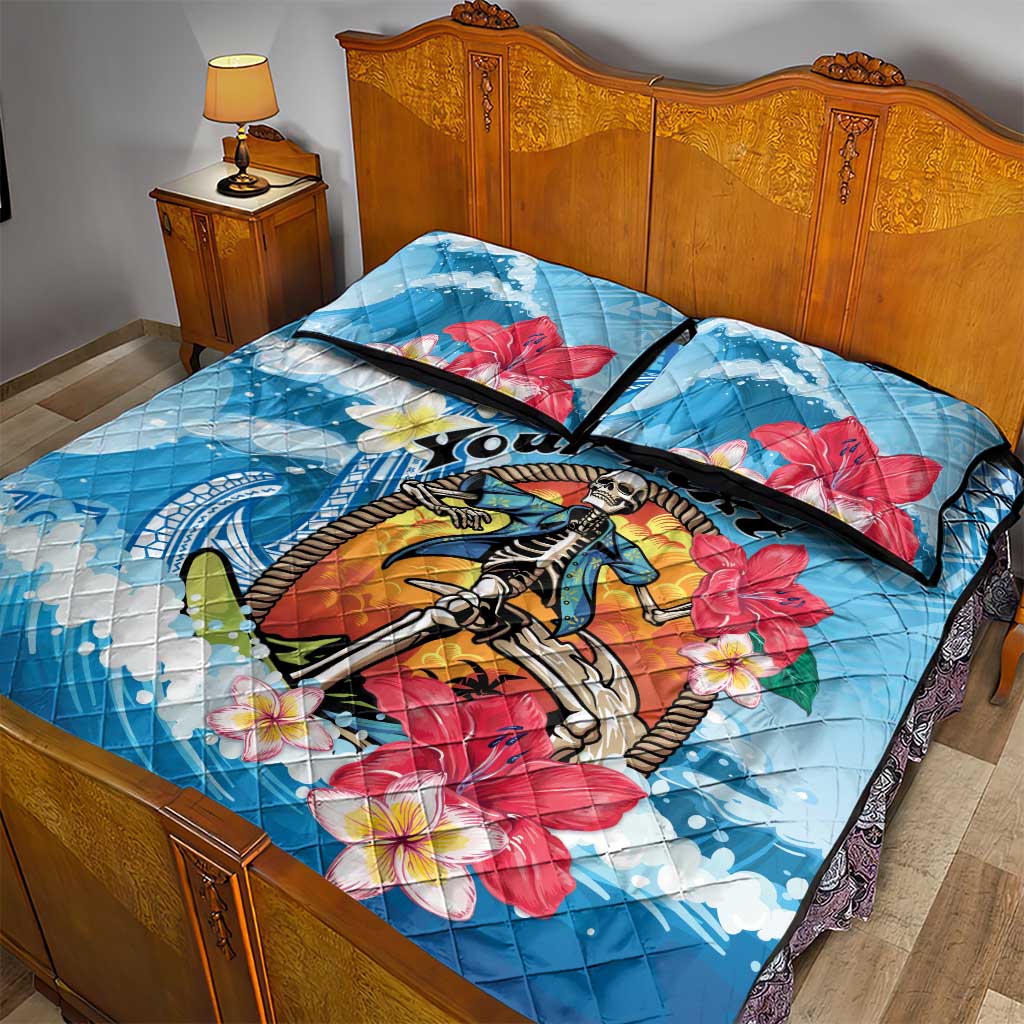 Personalized Aloha Hawaii Skeleton Surfing Quilt Bed Set Tribal Shark Plumeria