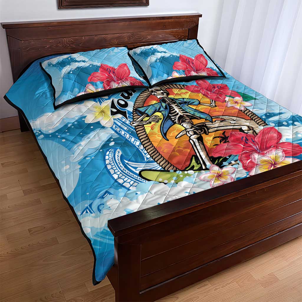 Personalized Aloha Hawaii Skeleton Surfing Quilt Bed Set Tribal Shark Plumeria