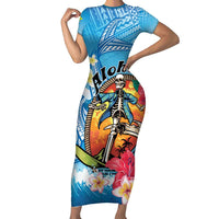 Personalized Aloha Hawaii Skeleton Surfing Short Sleeve Bodycon Dress Tribal Shark Plumeria LT01 Long Dress Blue - Polynesian Pride