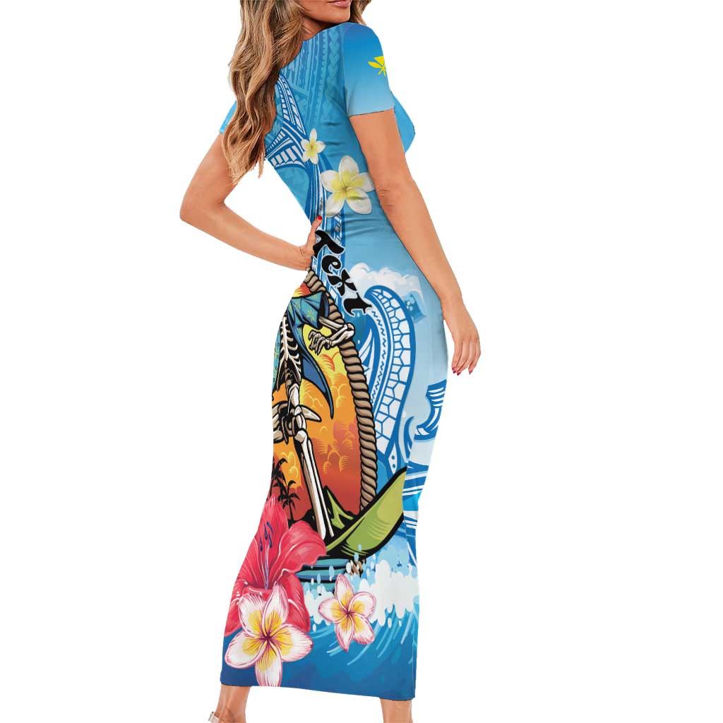 Personalized Aloha Hawaii Skeleton Surfing Short Sleeve Bodycon Dress Tribal Shark Plumeria LT01 - Polynesian Pride