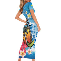 Personalized Aloha Hawaii Skeleton Surfing Short Sleeve Bodycon Dress Tribal Shark Plumeria LT01 - Polynesian Pride