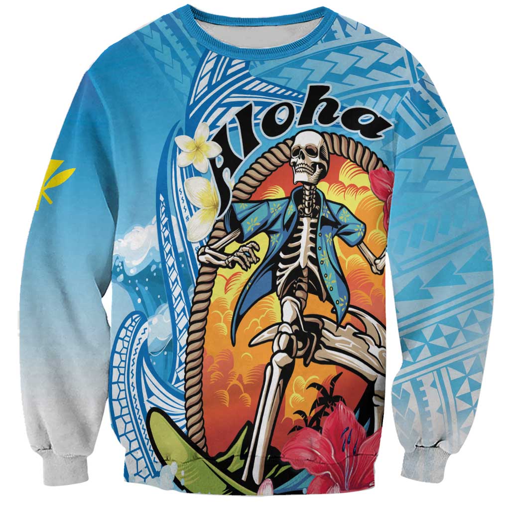 Personalized Aloha Hawaii Skeleton Surfing Sweatshirt Tribal Shark Plumeria