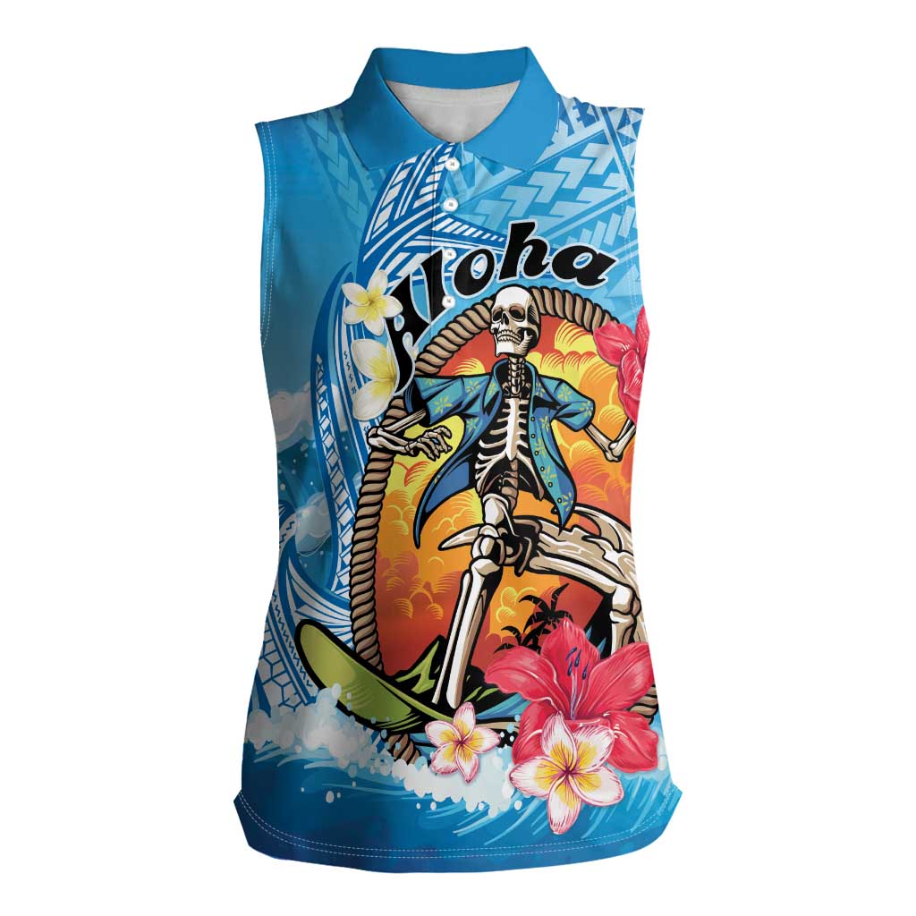Personalized Aloha Hawaii Skeleton Surfing Women Sleeveless Polo Shirt Tribal Shark Plumeria