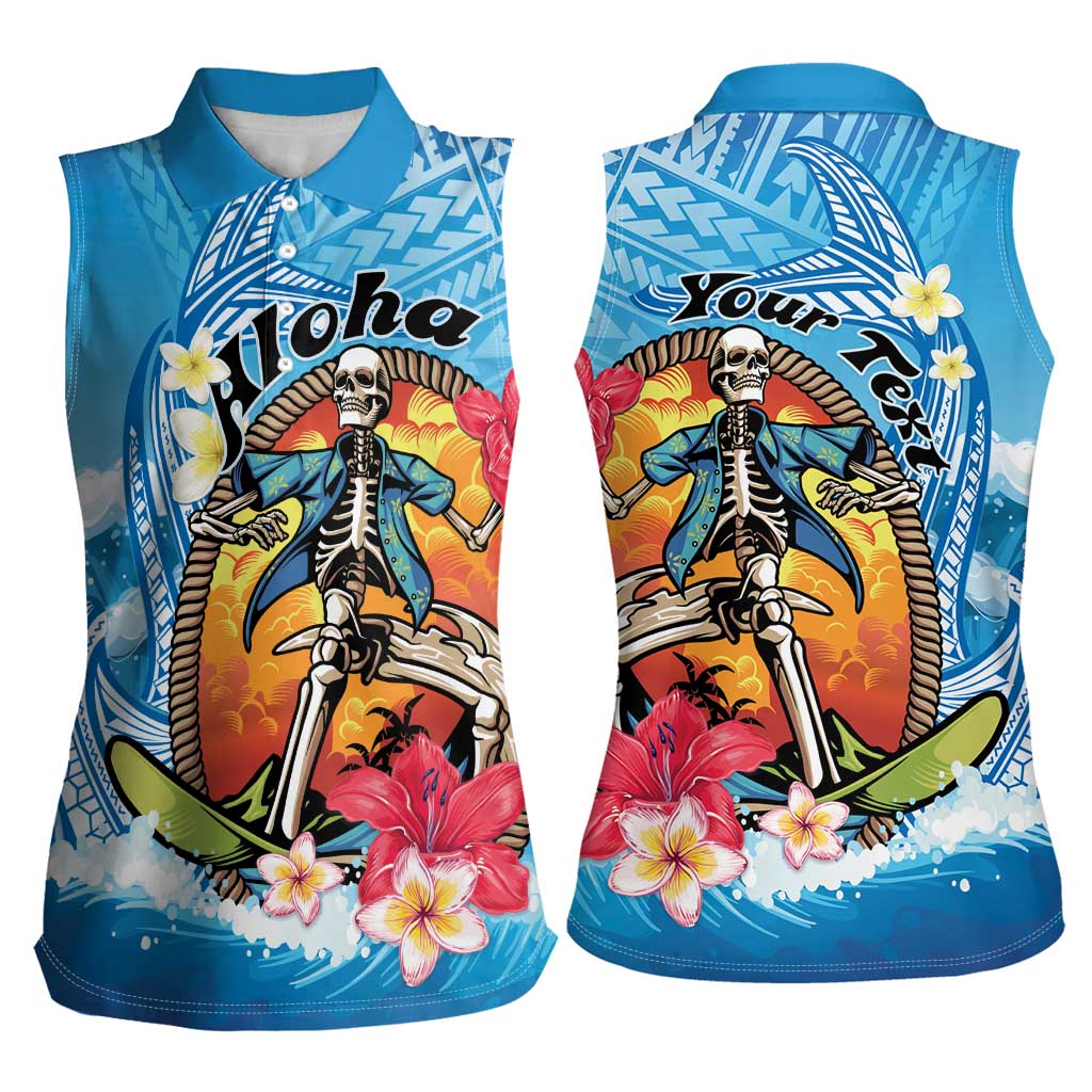 Personalized Aloha Hawaii Skeleton Surfing Women Sleeveless Polo Shirt Tribal Shark Plumeria
