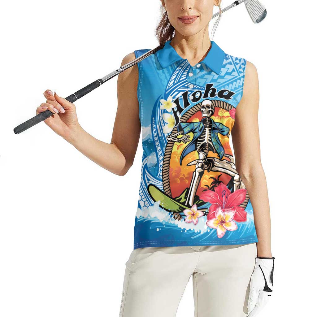 Personalized Aloha Hawaii Skeleton Surfing Women Sleeveless Polo Shirt Tribal Shark Plumeria