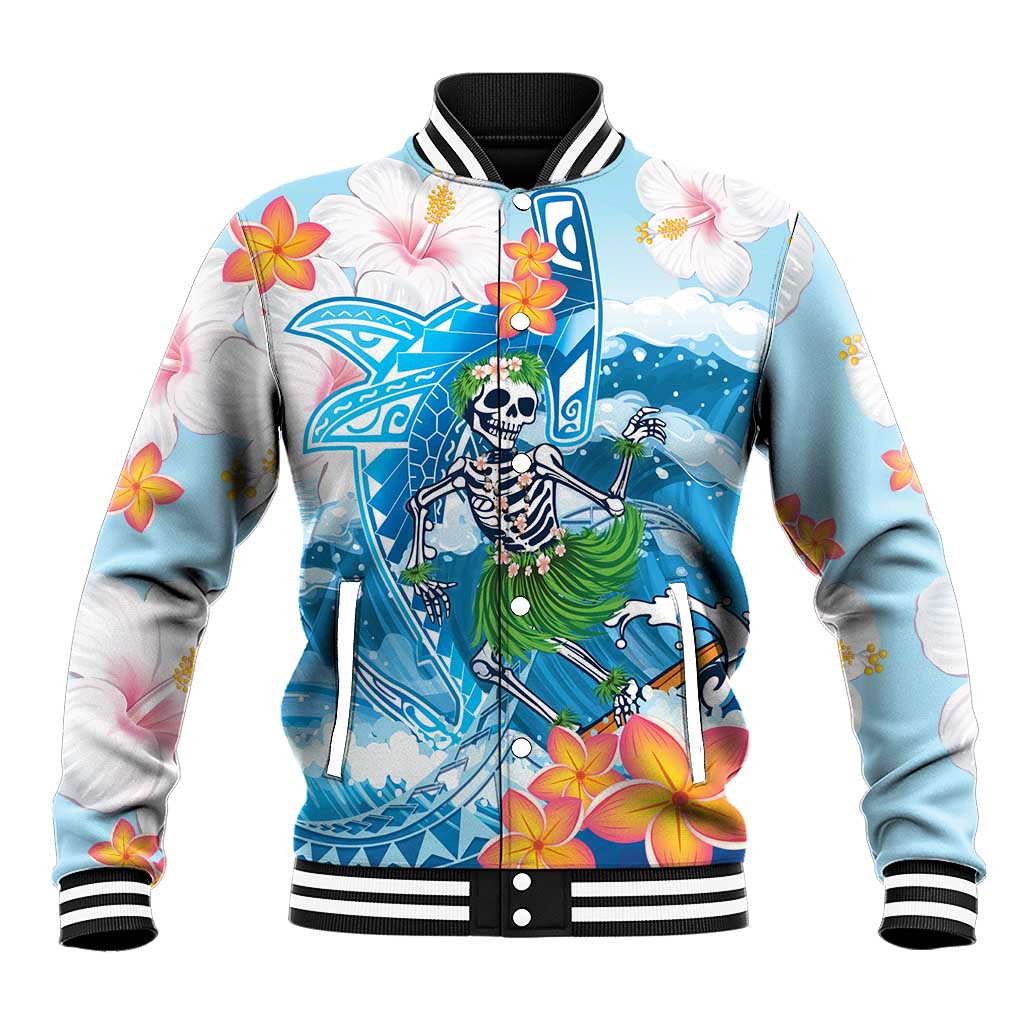 Personalized Hawaii Hula Girl Skeleton Dancing Baseball Jacket Hibiscus Tribal Shark LT01 Unisex Blue - Polynesian Pride