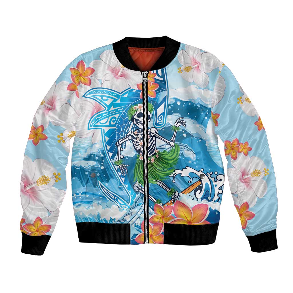 Personalized Hawaii Hula Girl Skeleton Dancing Bomber Jacket Hibiscus Tribal Shark LT01 Unisex Blue - Polynesian Pride