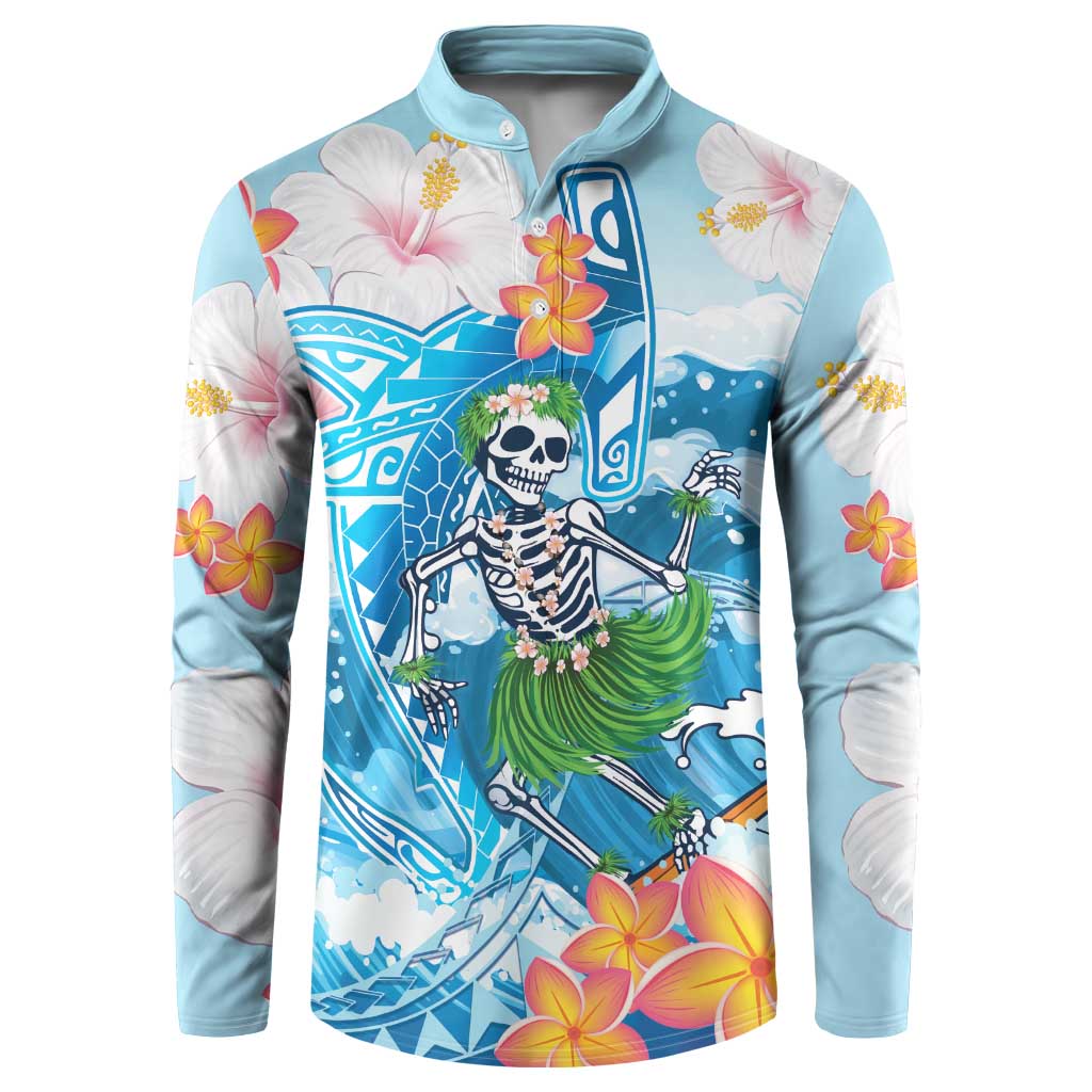 Personalized Hawaii Hula Girl Skeleton Dancing Button Sweatshirt Hibiscus Tribal Shark LT01 Blue - Polynesian Pride