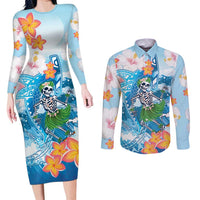 Personalized Hawaii Hula Girl Skeleton Dancing Couples Matching Long Sleeve Bodycon Dress and Long Sleeve Button Shirt Hibiscus Tribal Shark