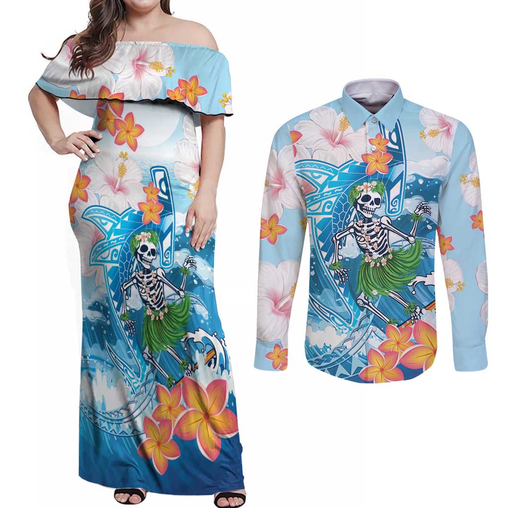 Personalized Hawaii Hula Girl Skeleton Dancing Couples Matching Off Shoulder Maxi Dress and Long Sleeve Button Shirt Hibiscus Tribal Shark LT01 Blue - Polynesian Pride
