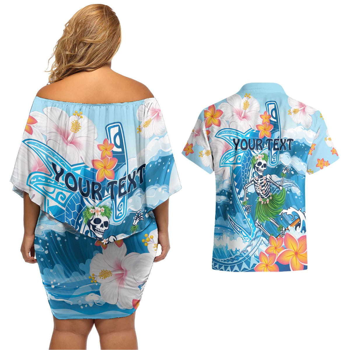 Personalized Hawaii Hula Girl Skeleton Dancing Couples Matching Off Shoulder Short Dress and Hawaiian Shirt Hibiscus Tribal Shark