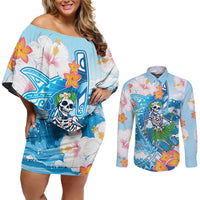 Personalized Hawaii Hula Girl Skeleton Dancing Couples Matching Off Shoulder Short Dress and Long Sleeve Button Shirt Hibiscus Tribal Shark
